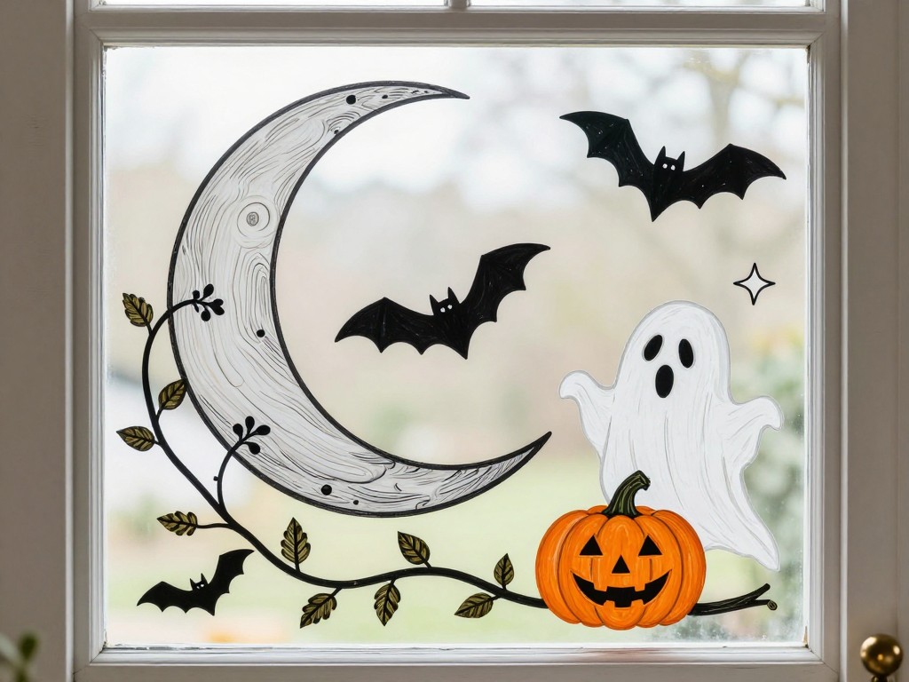 Illustrated Halloween window arrangement with a crescent moon, bats, pumpkin vine, and ghost