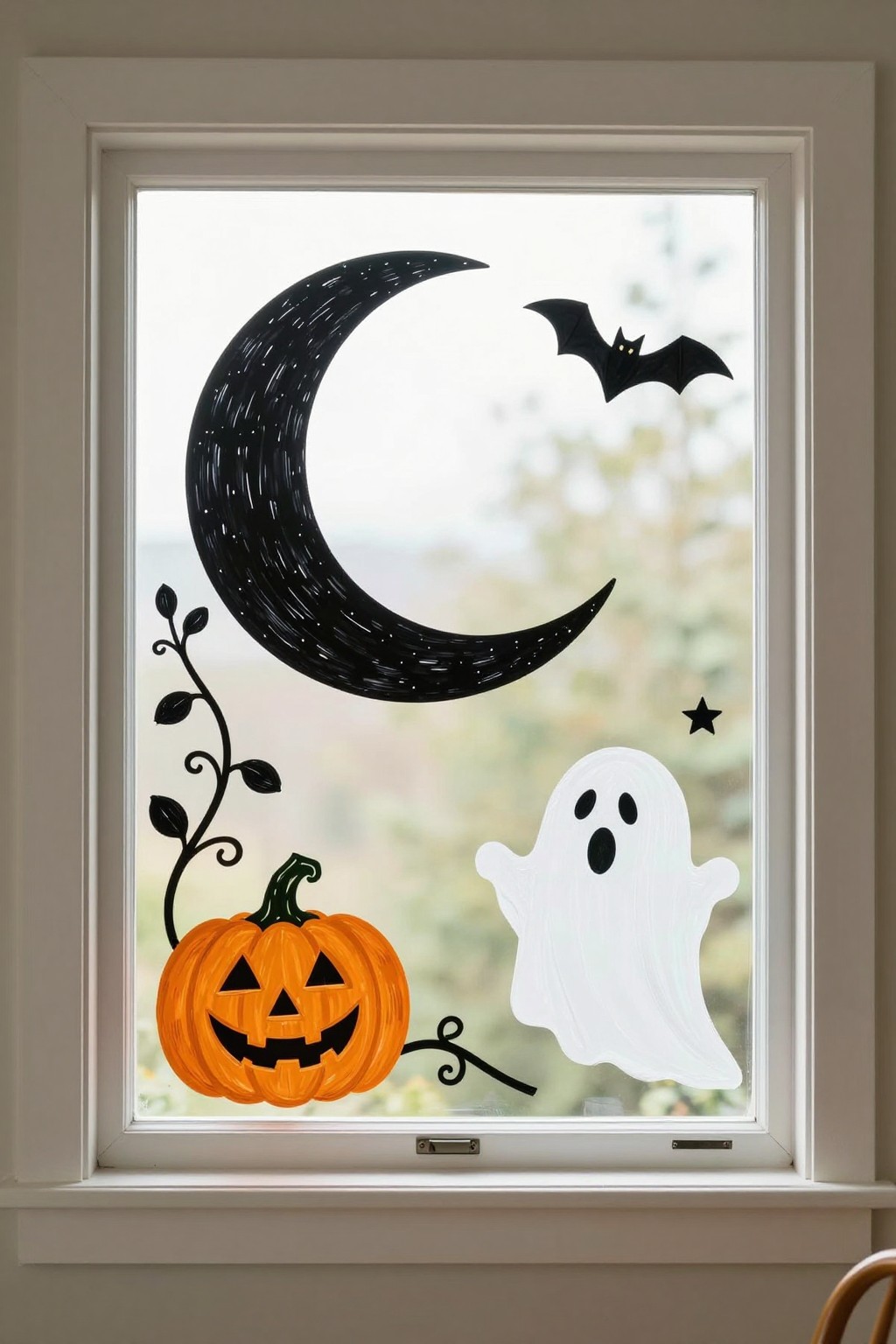 Illustrated vertical window arrangement with a moon, bat, pumpkin vine, and ghost