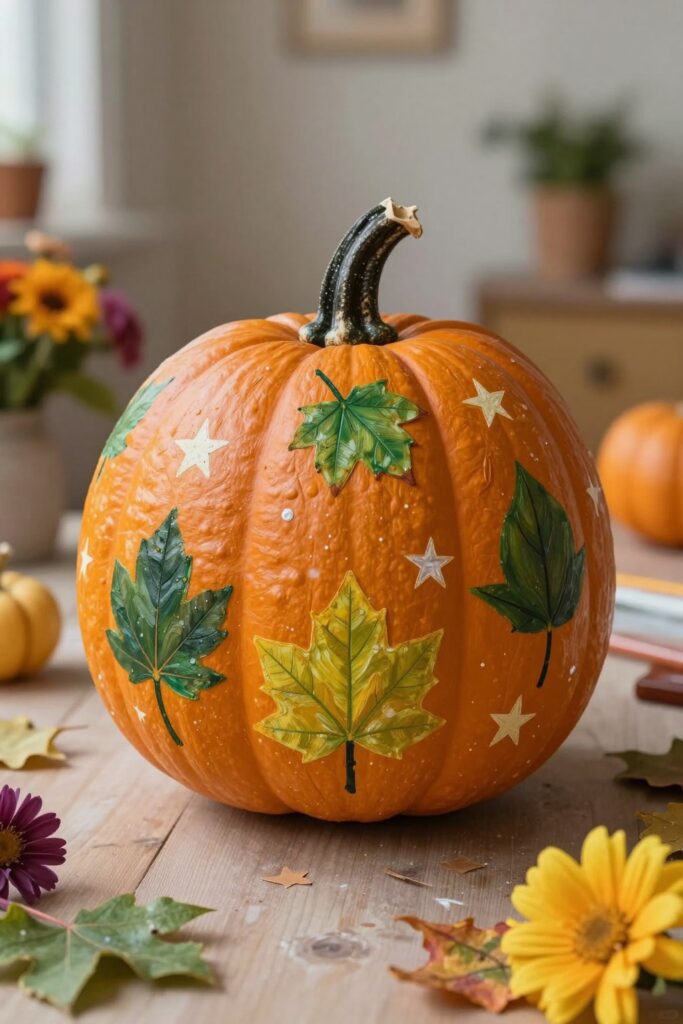 AI hero concept for 6 Easy Pumpkin Painting Ideas with Leaves, Stars & Flowers