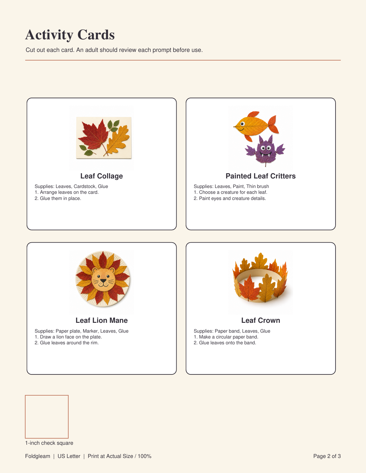 Preview of the Fall Leaf Crafts for Kids: Printable Activity Cards printable